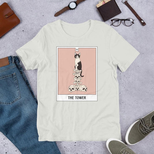 Cat Tarot Card TShirt, Tower Tarot Shirt,Cute Cat Bones Skulls Meme Graphic Tee,Anime Cat Tee,Black White Cat mom gift,kawaii witchy unisex