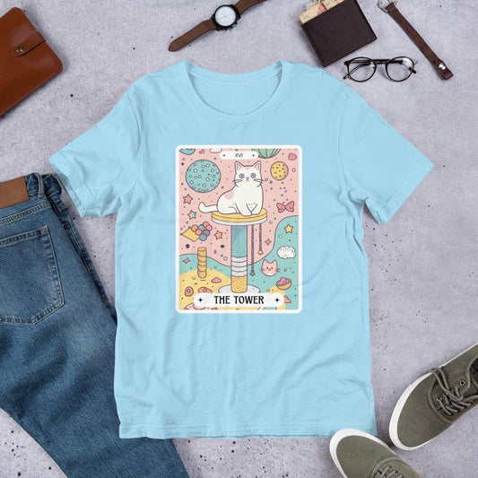 Cat Tarot Card TShirt, Tower Tarot Shirt,Cute Colorful Cat Meme Graphic Tee,Anime Cat Tee,Cat mom gift,kawaii cartoon witchy unisex oversize