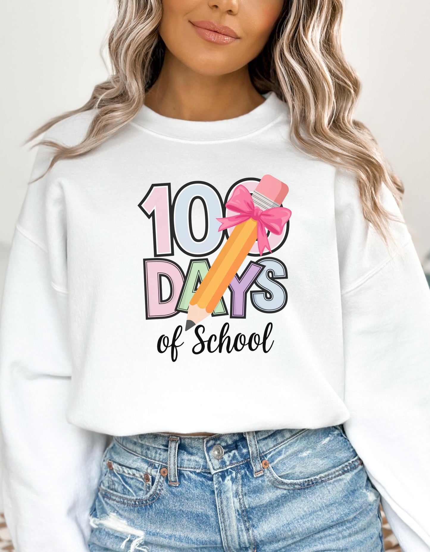 100 Days of School Girls Coquette Bow Unisex Softstyle T-Shirt, School Hundredth Day Tee, Back to School Shirt, 100 Days Sweatshirt