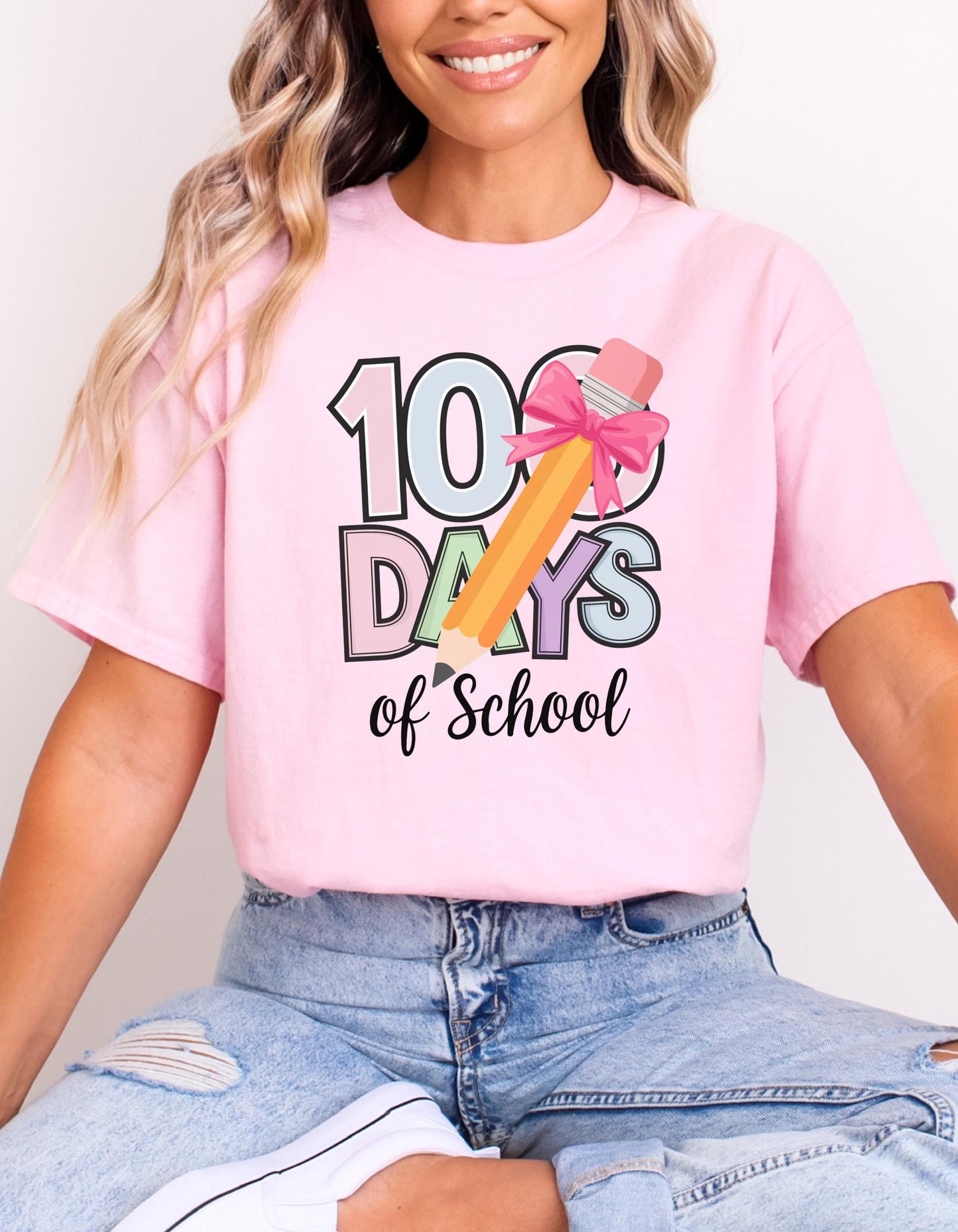 100 Days of School Girls Coquette Bow Unisex Softstyle T-Shirt, School Hundredth Day Tee, Back to School Shirt, 100 Days Sweatshirt