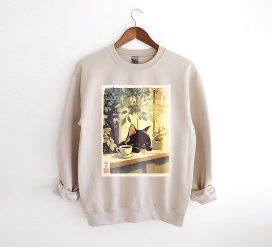 Japanese Kitty Sweatshirt, Black Cat Espresso Sweatshirt, Kawaii Anime Crewneck, Japan Coffee Sweater, Urban Unixsex Tokyo Style