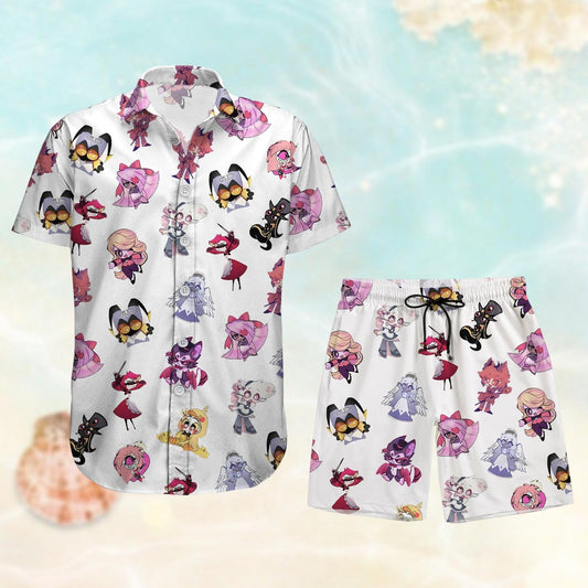 Hazbin Hotel Hawaiian Shirt, Alastor Hazbin Hotel  Button Shirt, Beach Shorts Women Men, Charlie Morningstar Shirt, Anime Summer Outfit