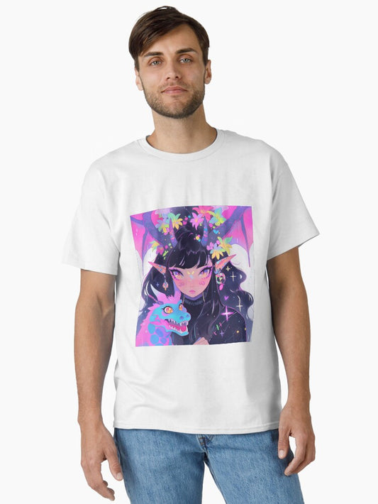 Vibrant Kawaii Fantasy Dragon Anime Girl Classic T-Shirt